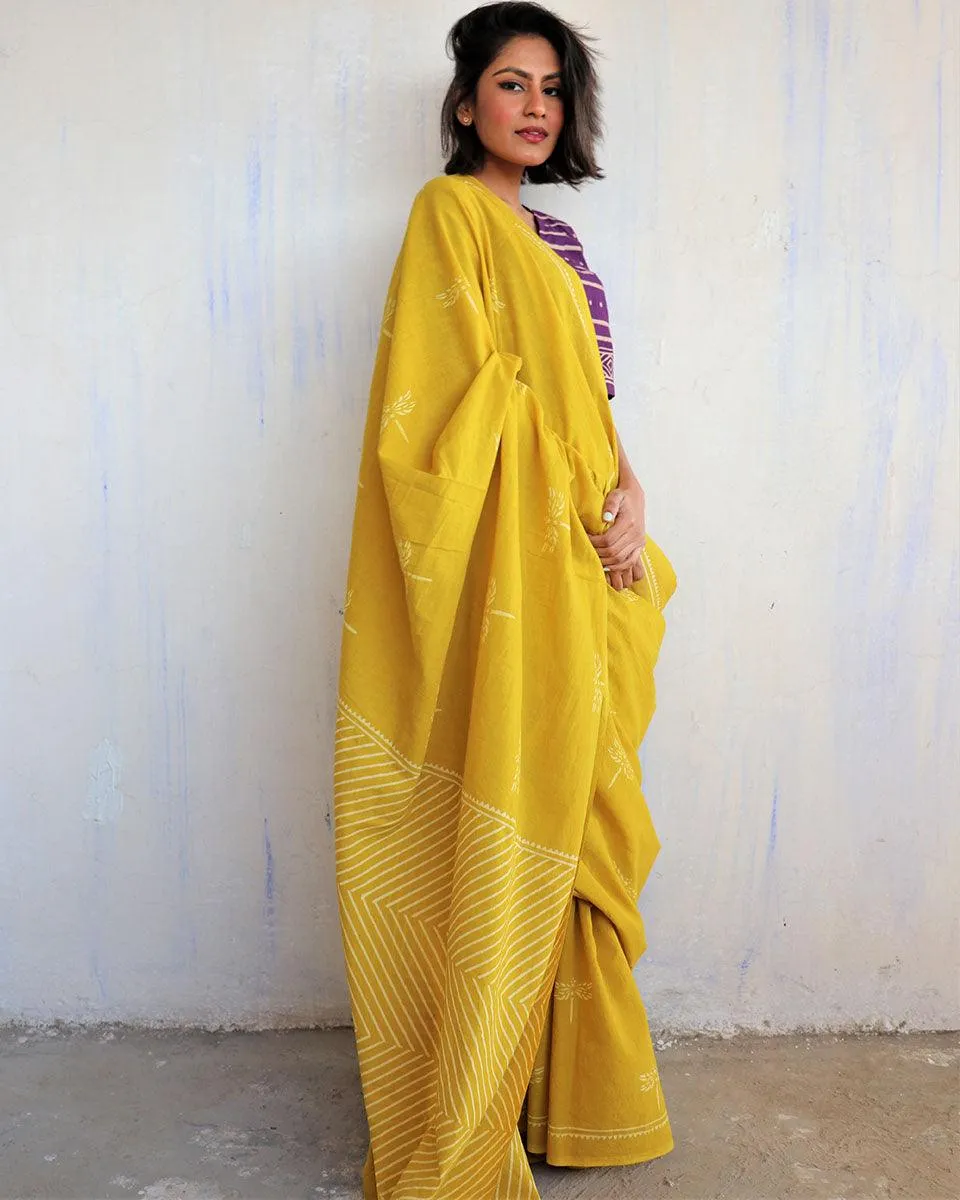Aponi Hand Blockprinted Cotton Saree - Butterfly Girls