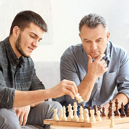 ASNEY Upgraded Magnetic Chess Set, 15" Tournament Staunton Wooden Chess Board Game Set with Crafted Chesspiece & Storage Slots for Kids Adult, Includes Extra Kings, Queens & Carry Bag