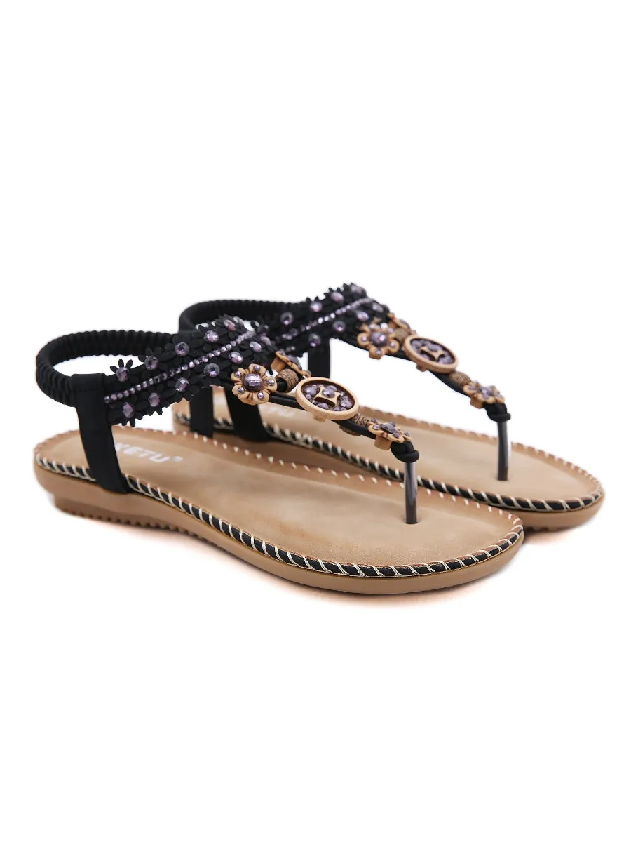Black Floral-Accent Rhinestone Sandal