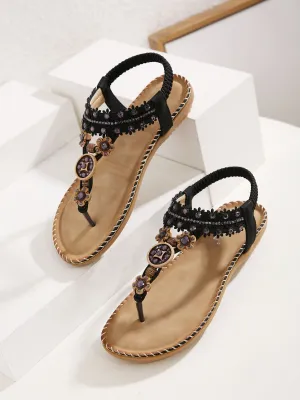 Black Floral-Accent Rhinestone Sandal