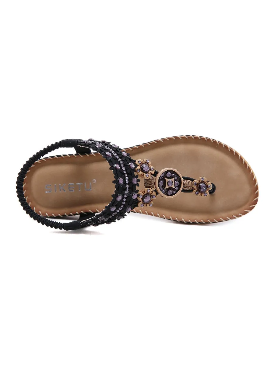 Black Floral-Accent Rhinestone Sandal