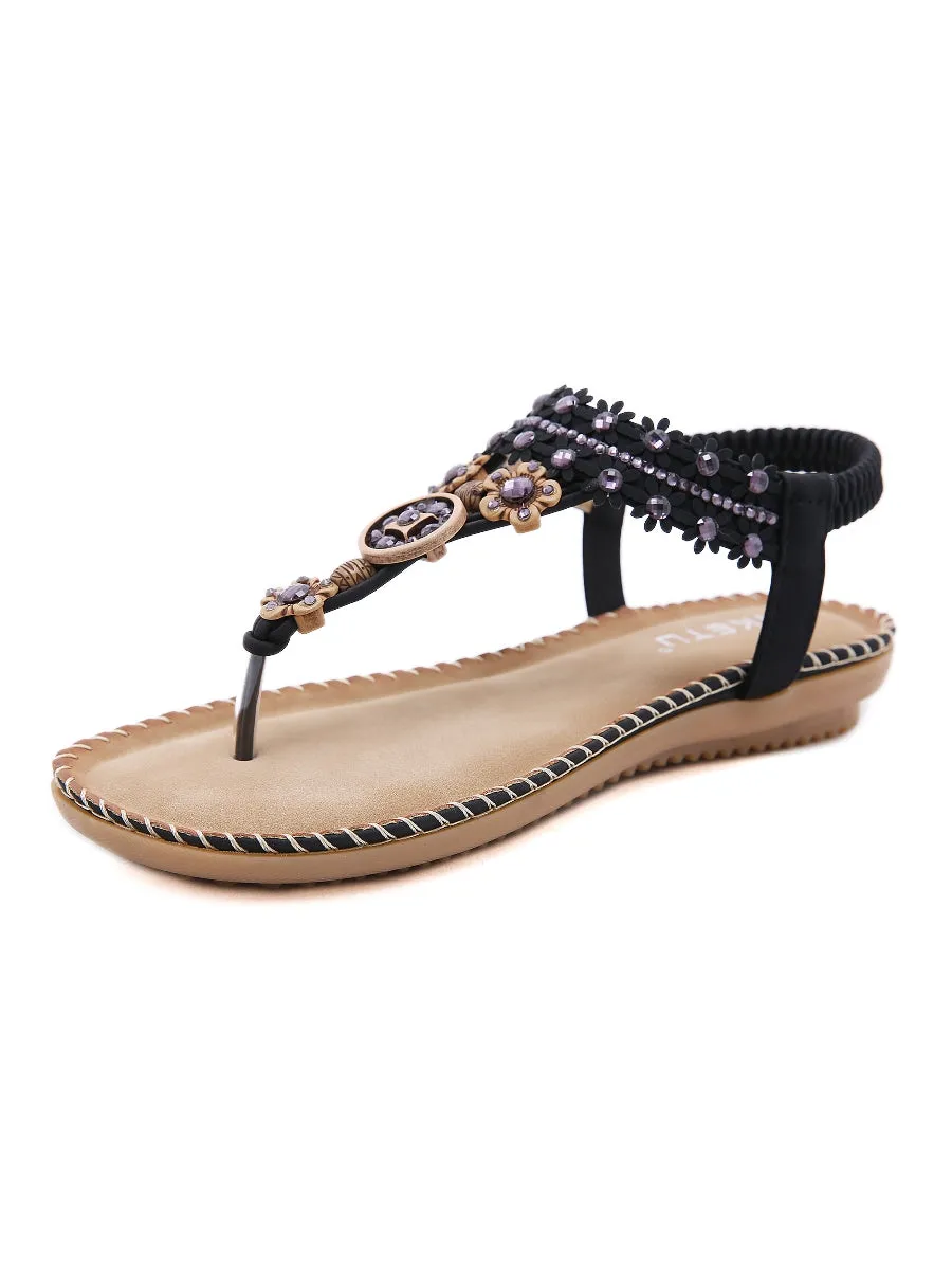 Black Floral-Accent Rhinestone Sandal