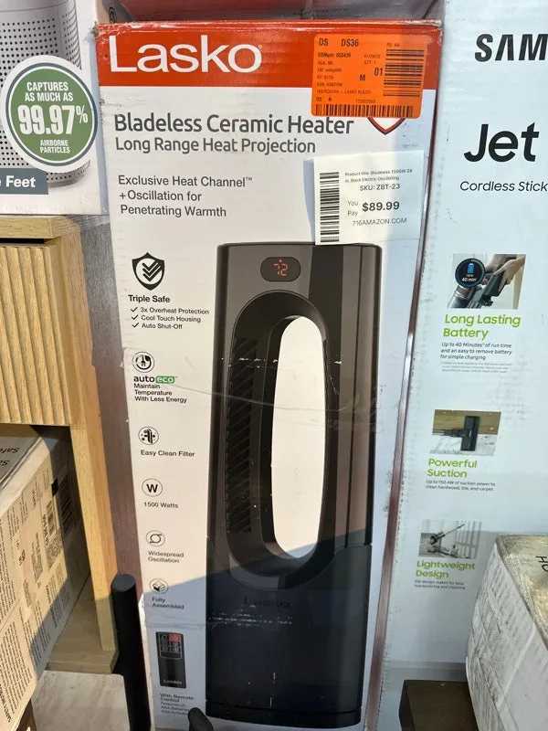 Bladeless 1500W 28 in. Black Electric Oscillating Tower Ceramic Space Heater with Remote Control and Digital Display - new