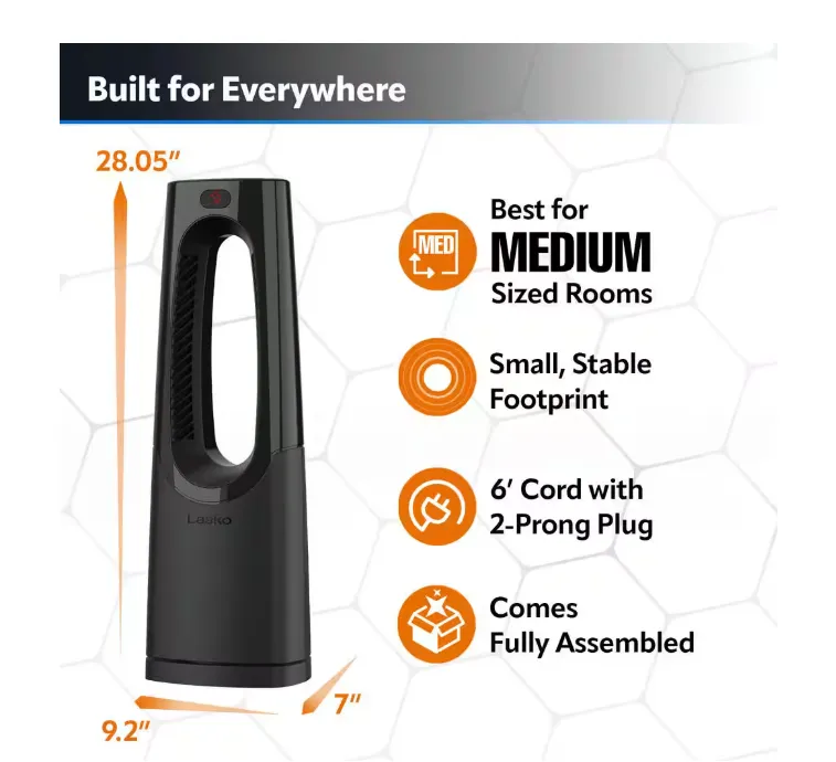 Bladeless 1500W 28 in. Black Electric Oscillating Tower Ceramic Space Heater with Remote Control and Digital Display - new