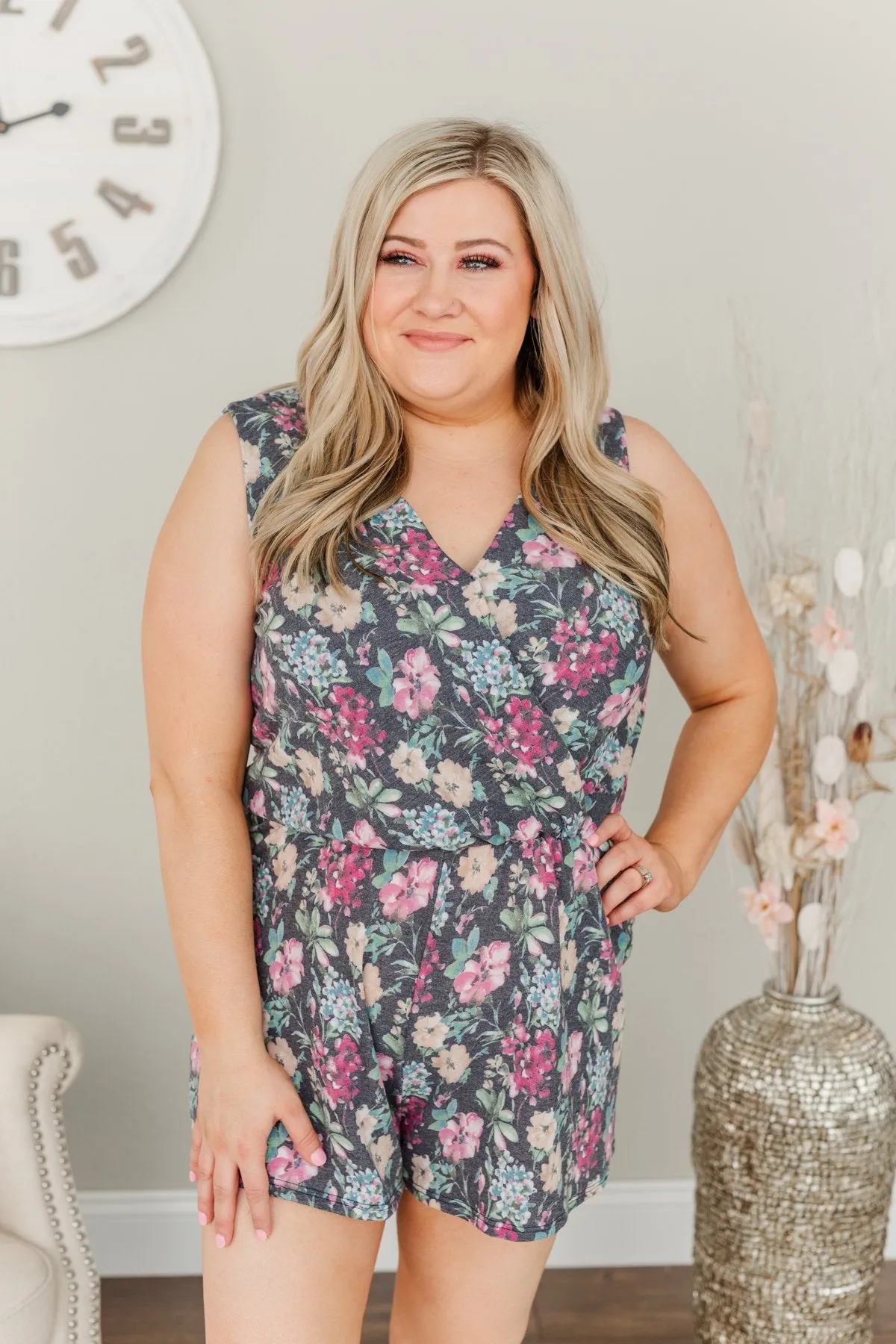 Bloom With Grace Floral Romper- Charcoal
