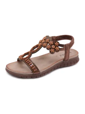 Blossom Beaded Boho Applique Sandal - Brown