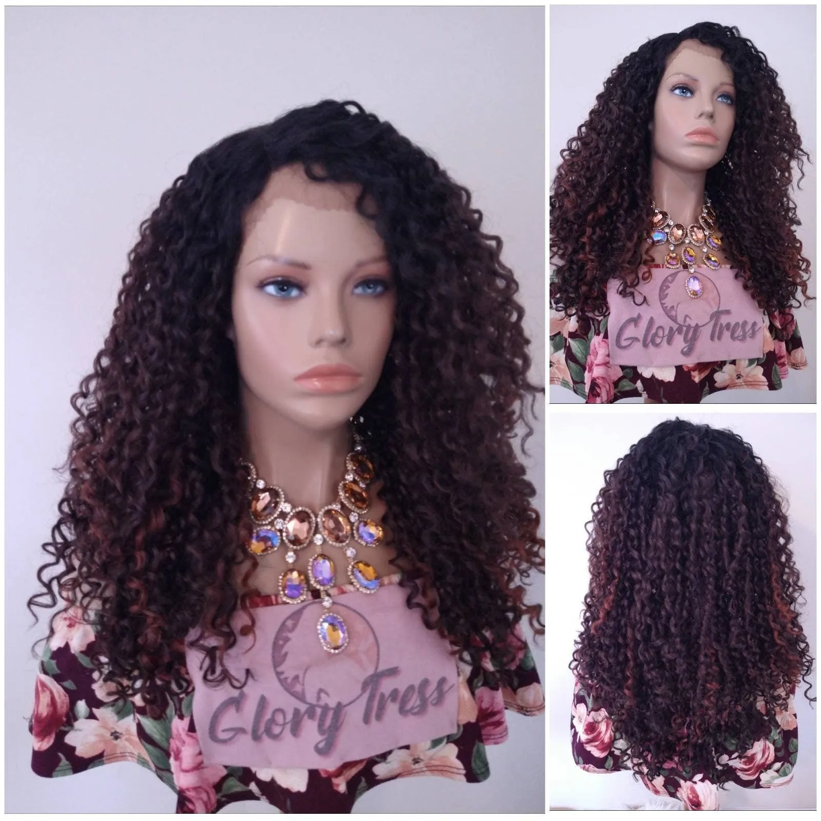 Brown Curly Lace Front Wig Ombre Brunette Copper Red Highlights Wigs For Women Synthetic Heat Safe Alopecia Chemo Wigs Glory Tress - Amber
