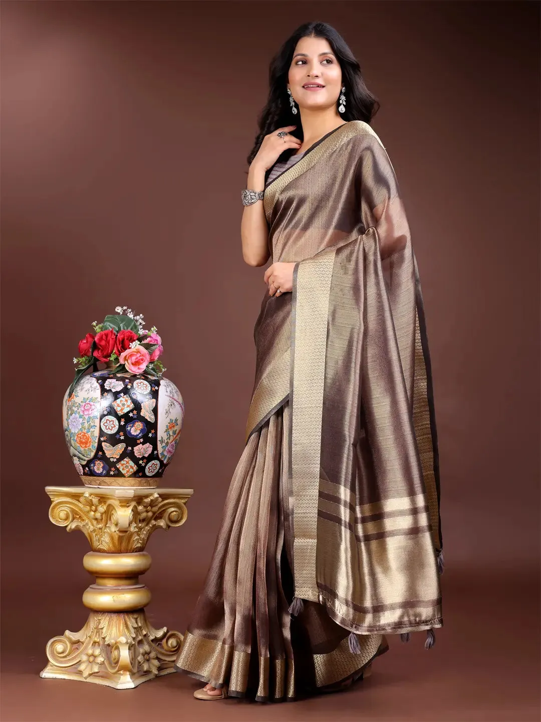 Brown Organza Saree