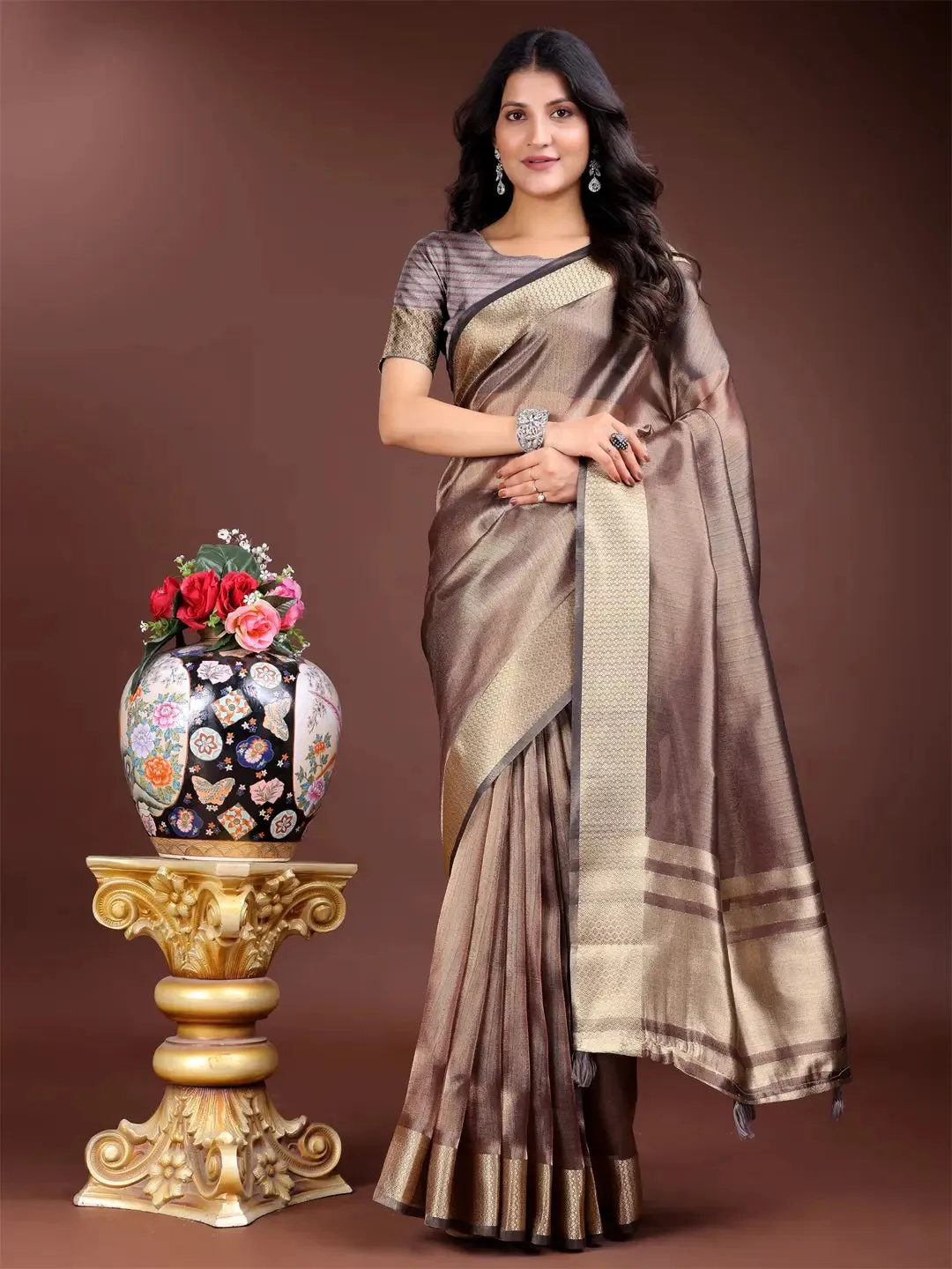 Brown Organza Saree