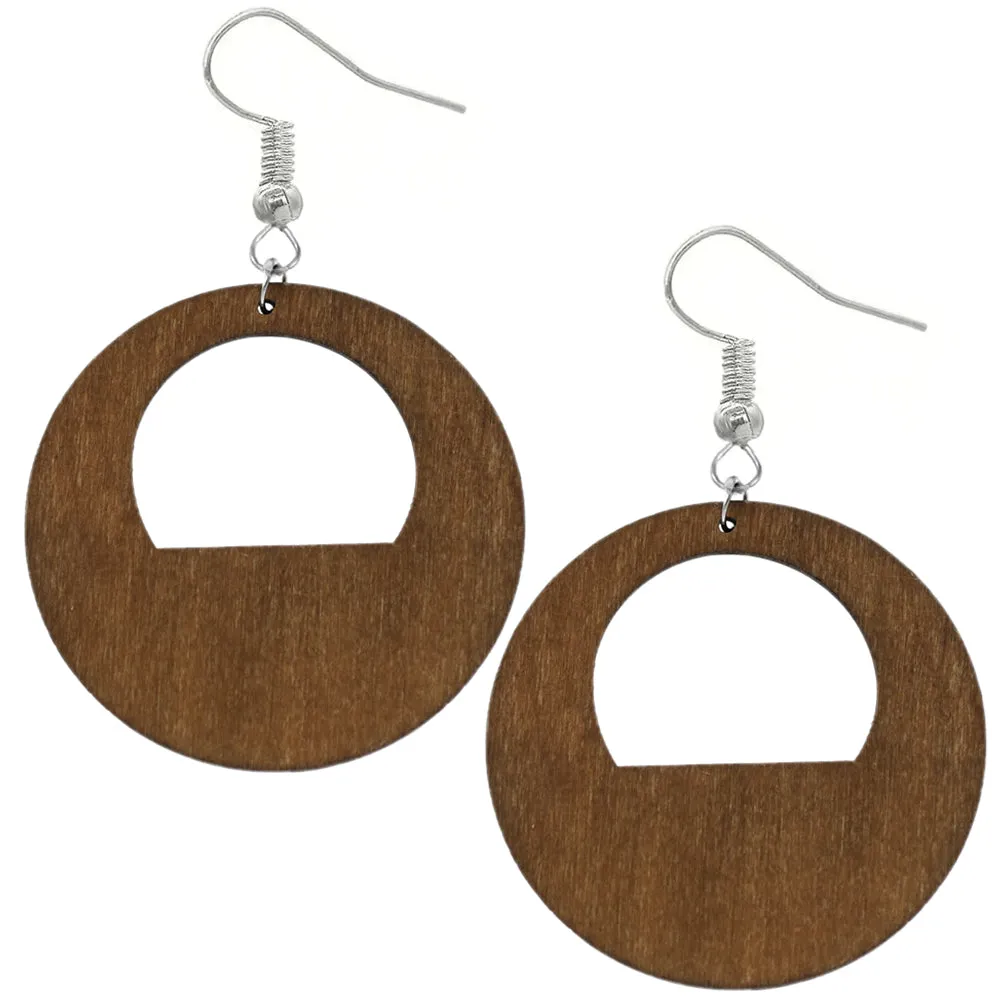 Brown Wooden Yellow Painted Circular Earrings