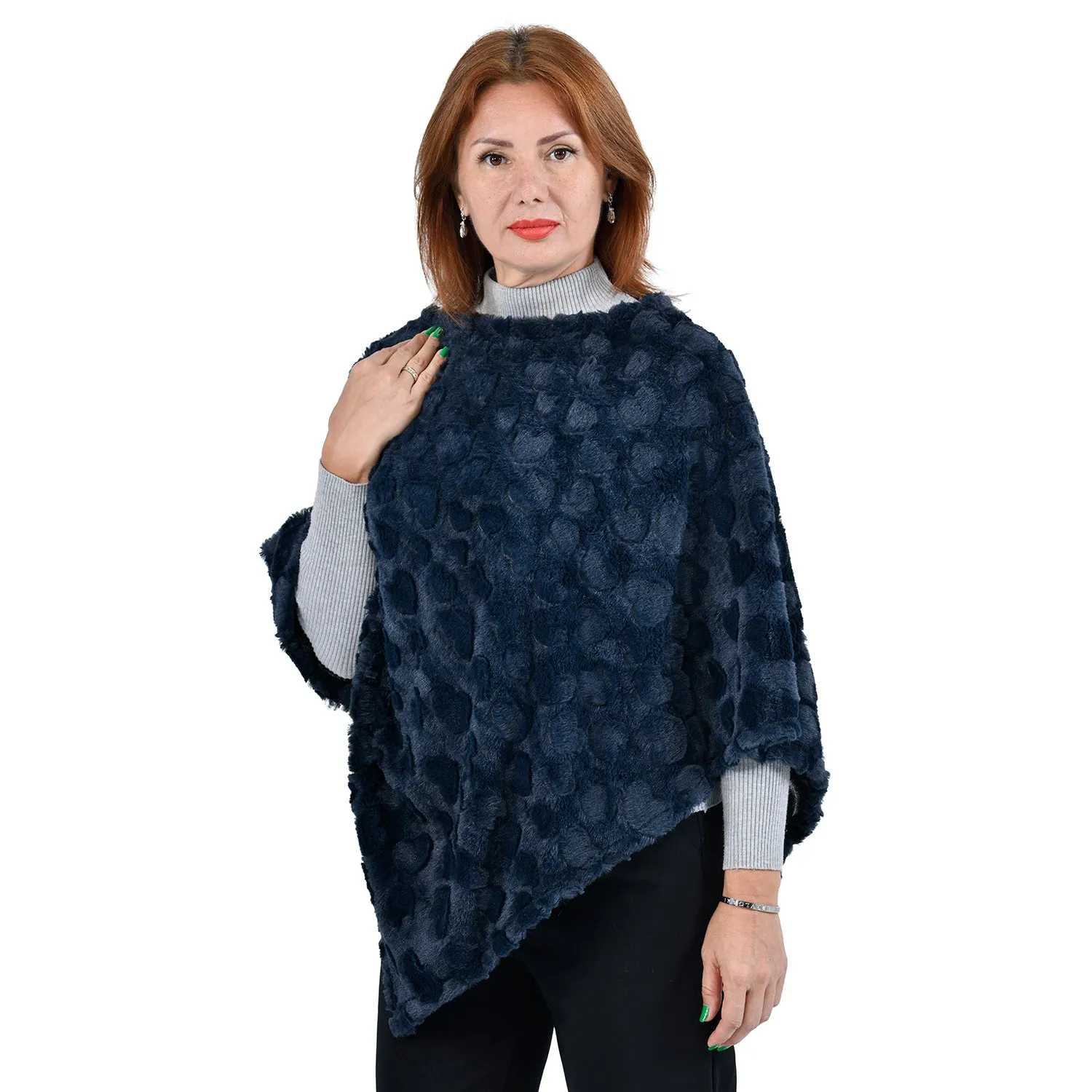 Comfy, Cozy & Fashionable HEART Pattern Faux Fur Poncho - One Size Fits Most ( NAVY/BLUE )