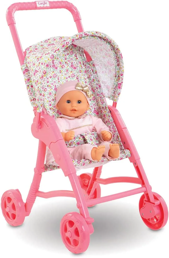Corolle Pink Floral Baby Doll Stroller with Folding Canopy