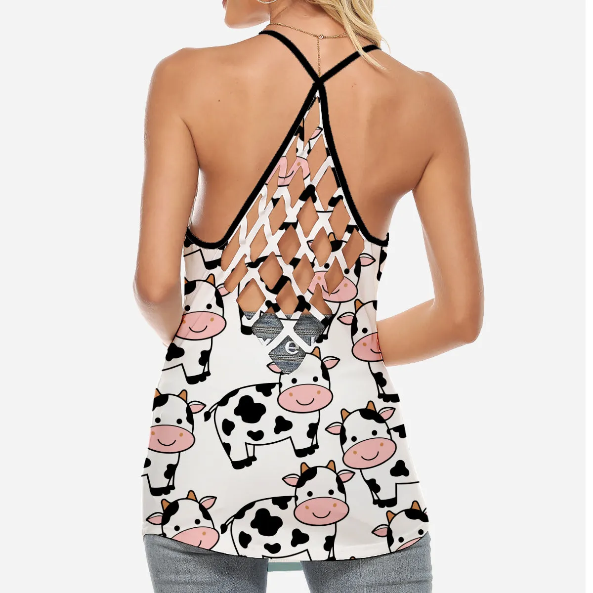 Cow Criss Cross Tank Top With Cartoon Style
