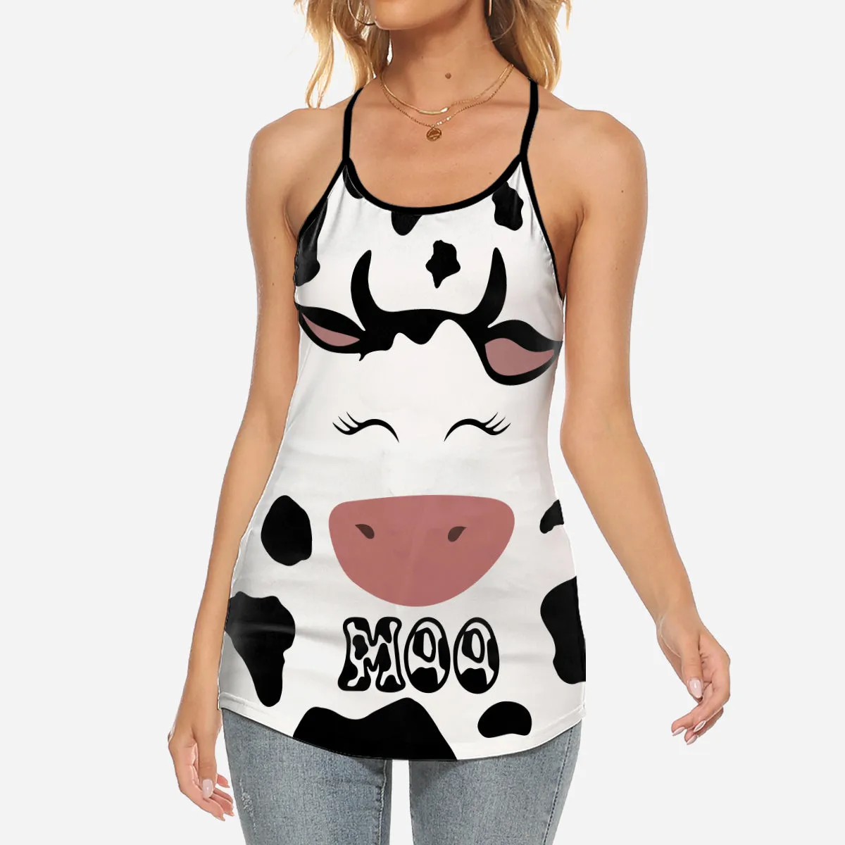 Cow Face Moo Criss Cross Tank Top
