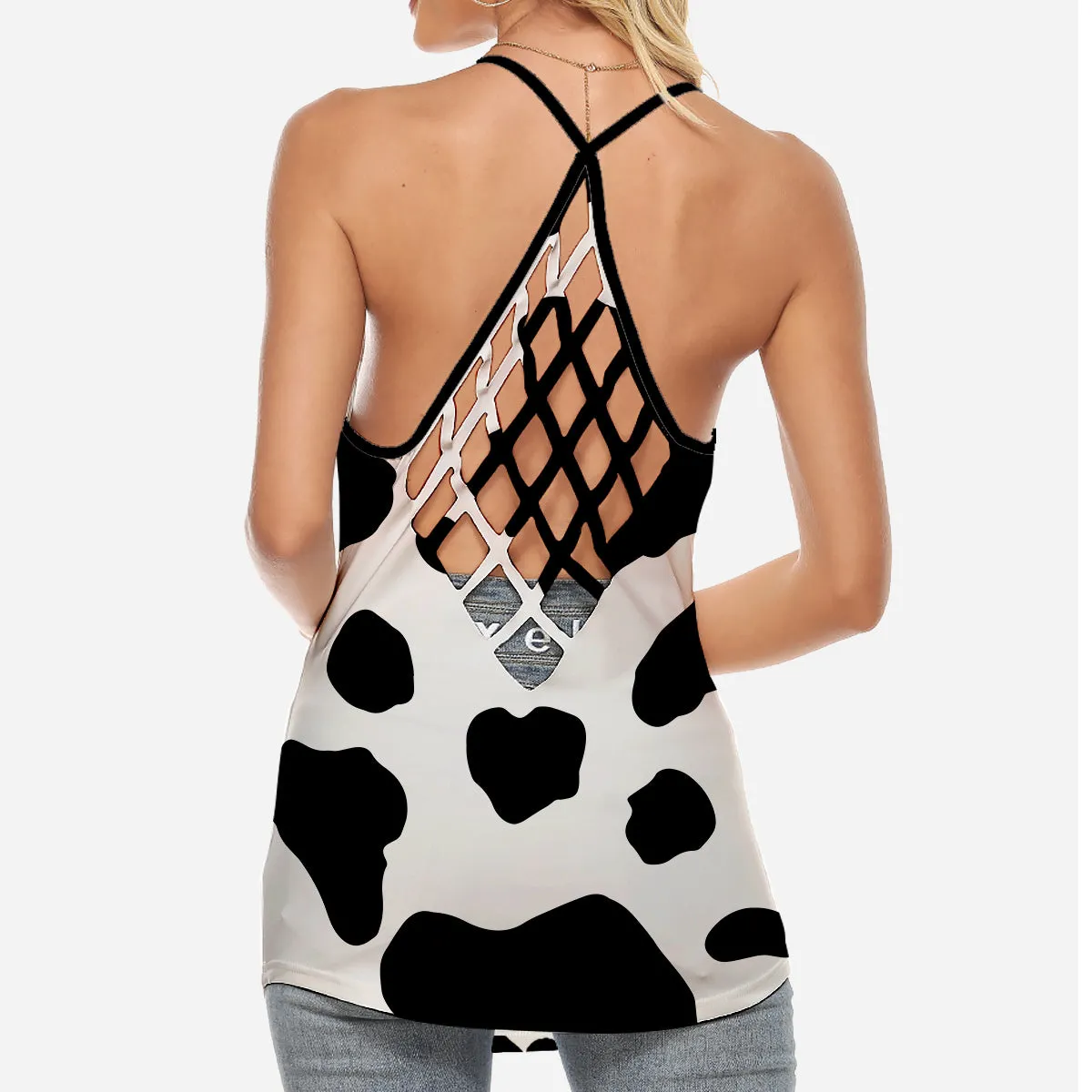 Cow Face Moo Criss Cross Tank Top