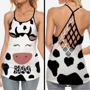 Cow Face Moo Criss Cross Tank Top