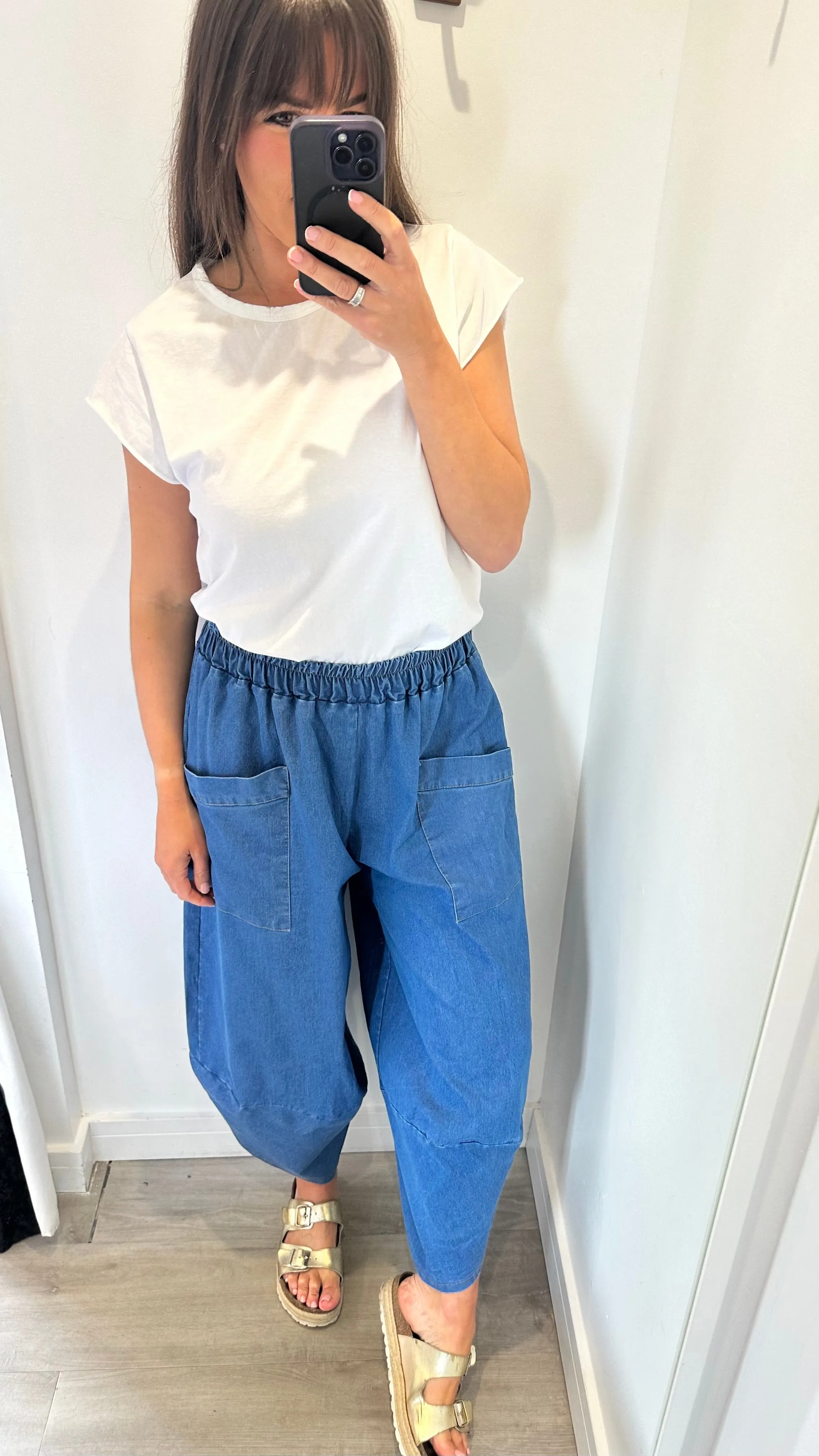 DENIM CROPPED POCKET TROUSERS