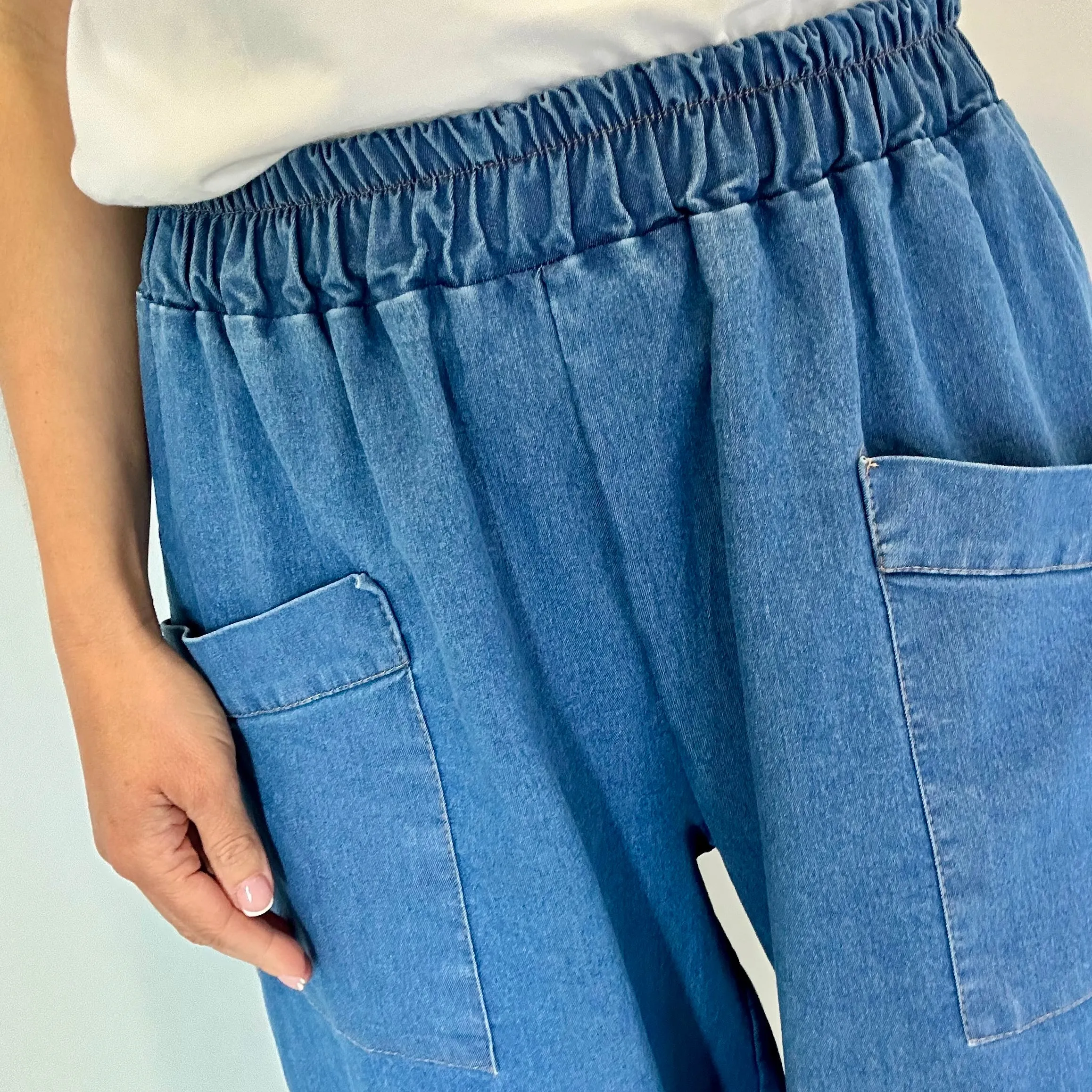 DENIM CROPPED POCKET TROUSERS