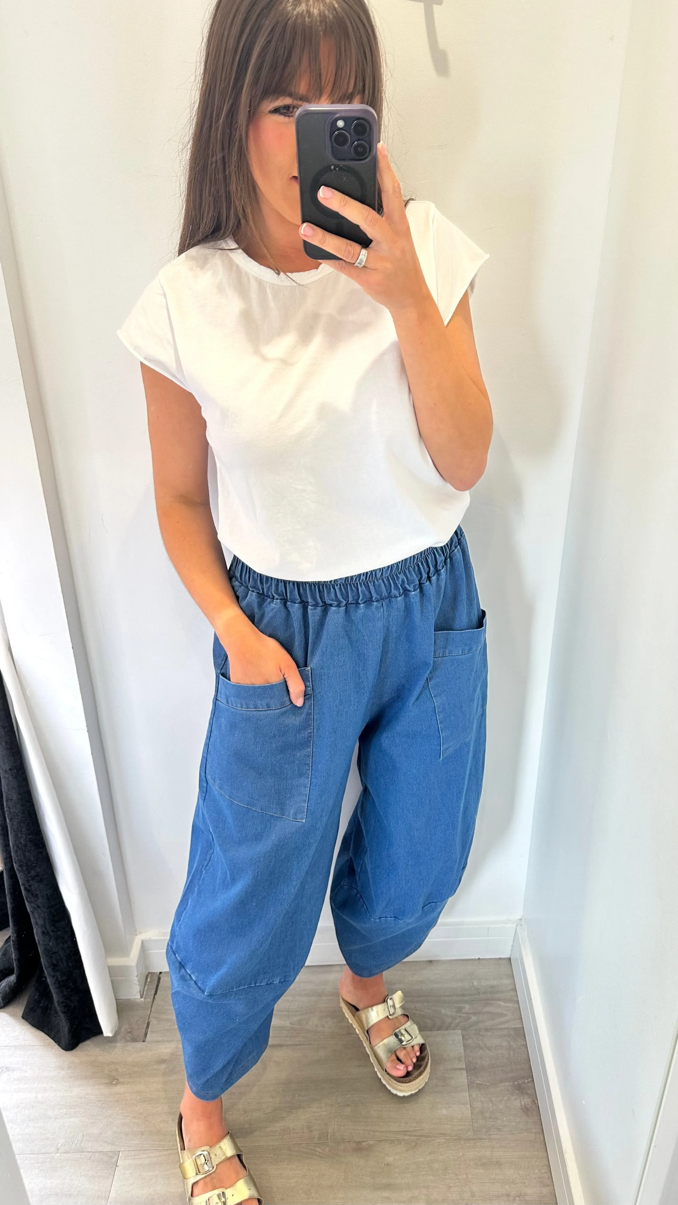 DENIM CROPPED POCKET TROUSERS