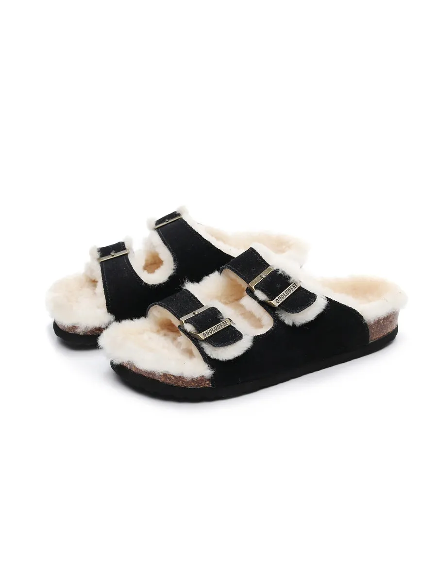 Dual-Strap Wool-Lined Suede Sandal
