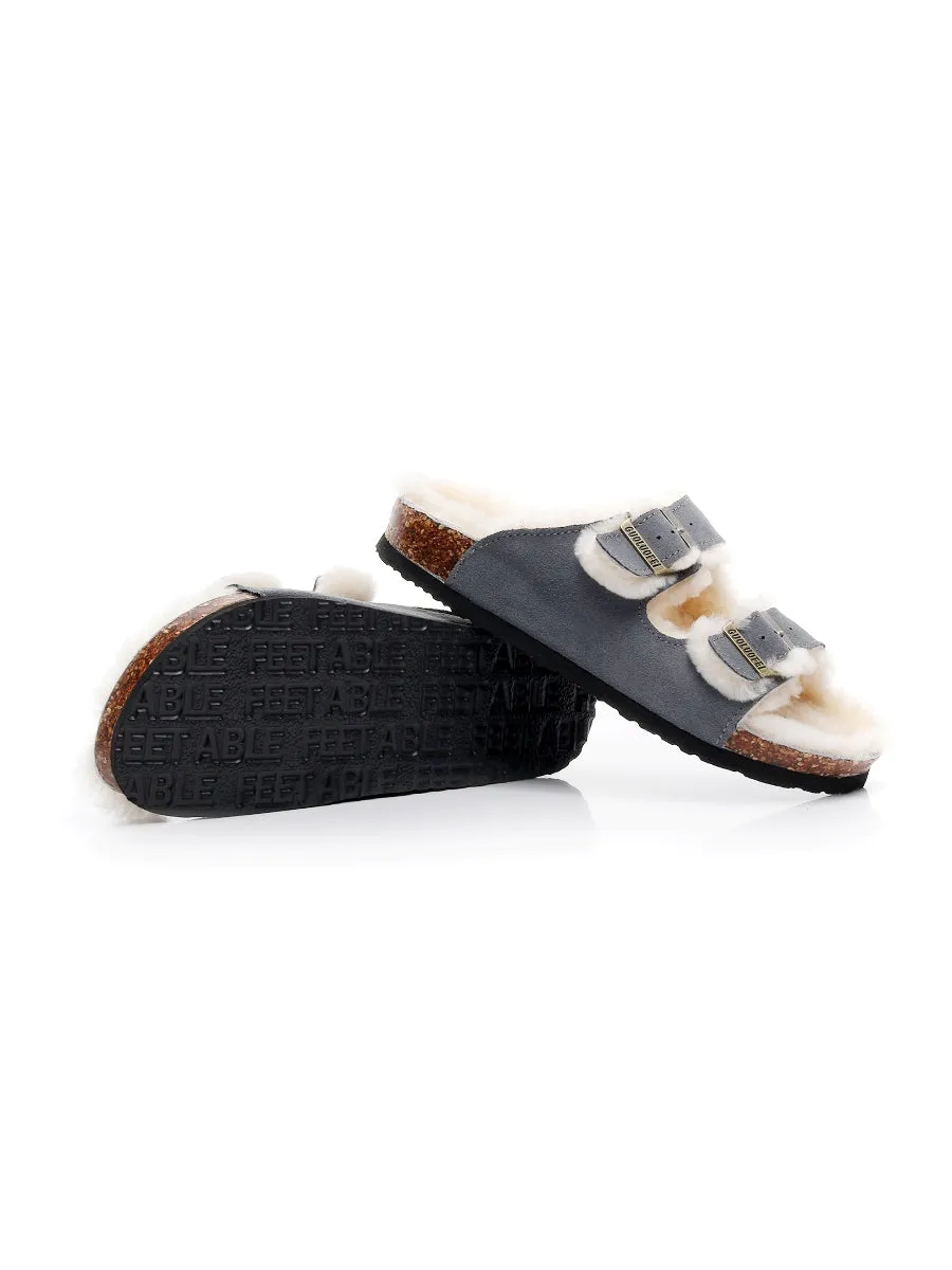 Dual-Strap Wool-Lined Suede Sandal