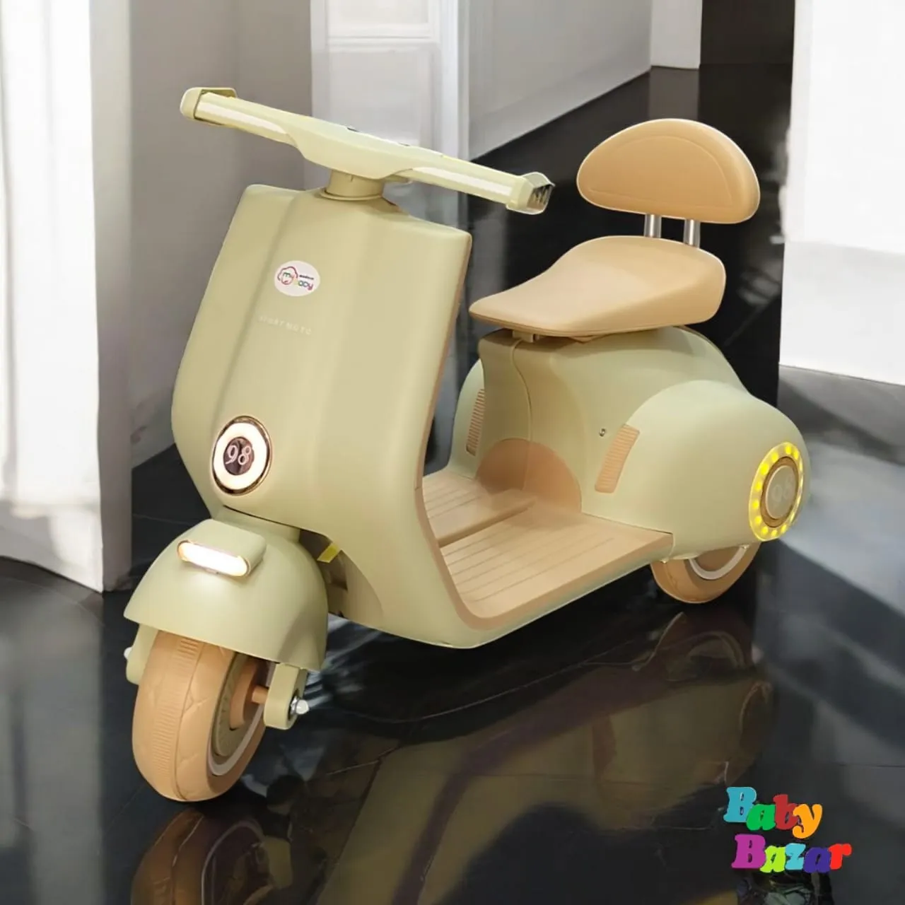 Electric Ride On Scooter for Kids Battery Operated Vespa Style Bike with Front & Rear Lights Backrest and Smooth Wheels Beige Color 36 x 15 x 18 Inches