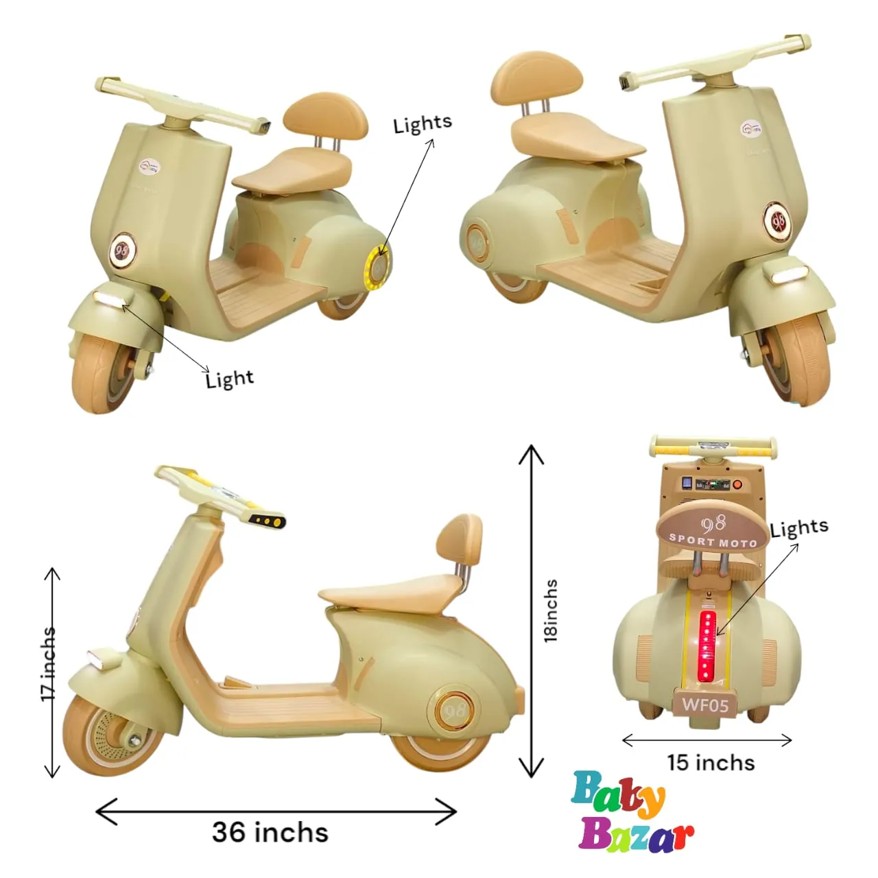 Electric Ride On Scooter for Kids Battery Operated Vespa Style Bike with Front & Rear Lights Backrest and Smooth Wheels Beige Color 36 x 15 x 18 Inches