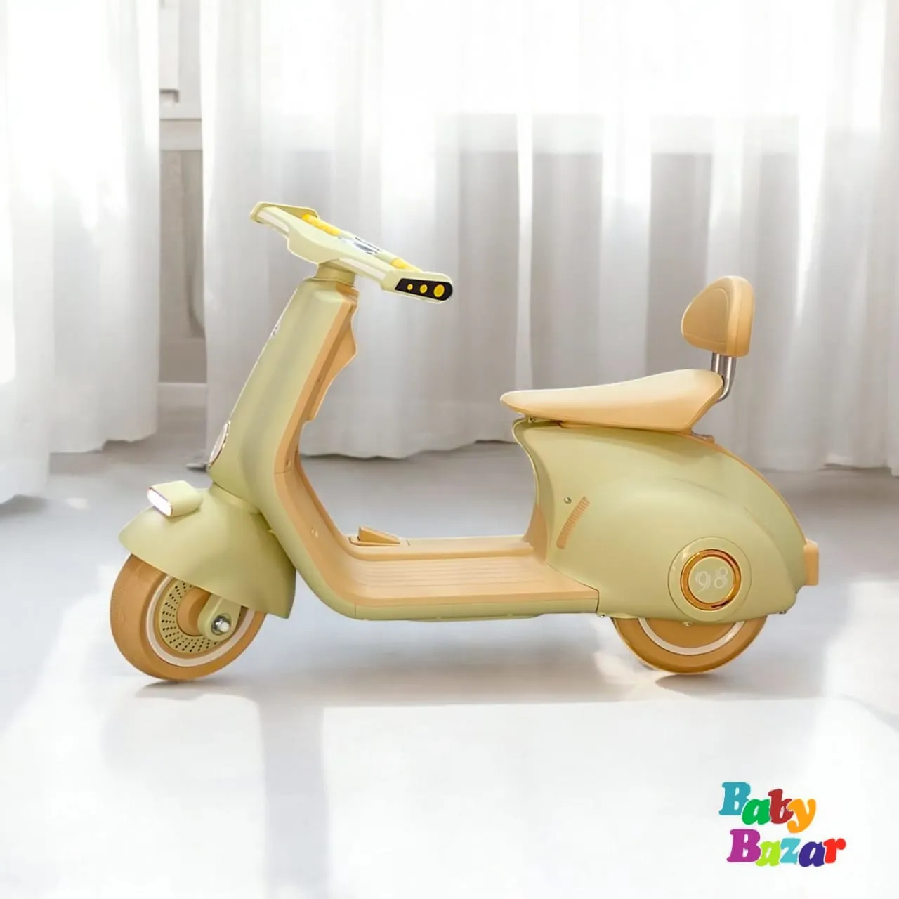 Electric Ride On Scooter for Kids Battery Operated Vespa Style Bike with Front & Rear Lights Backrest and Smooth Wheels Beige Color 36 x 15 x 18 Inches