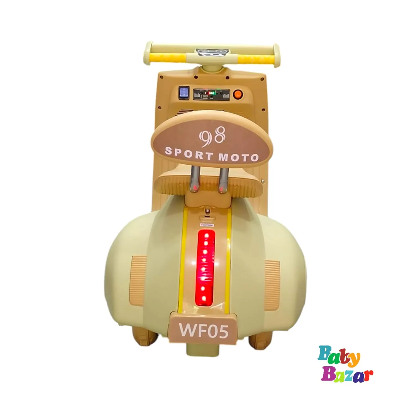 Electric Ride On Scooter for Kids Battery Operated Vespa Style Bike with Front & Rear Lights Backrest and Smooth Wheels Beige Color 36 x 15 x 18 Inches