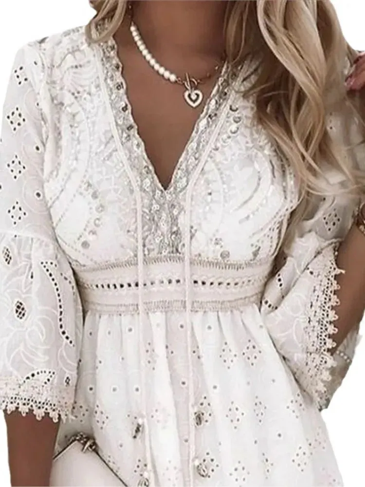 Elegant White Hollow Lace Mini Dress