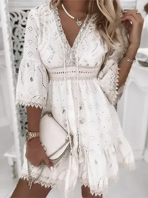 Elegant White Hollow Lace Mini Dress