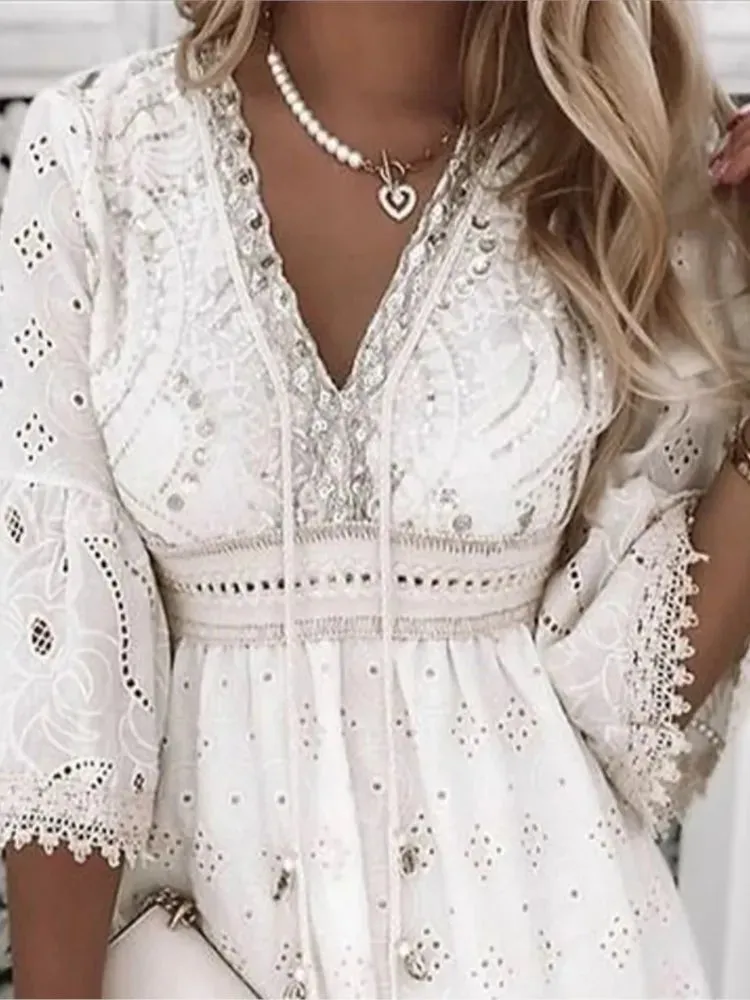 Elegant White Hollow Lace Mini Dress