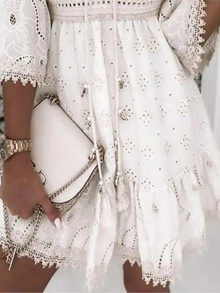 Elegant White Hollow Lace Mini Dress