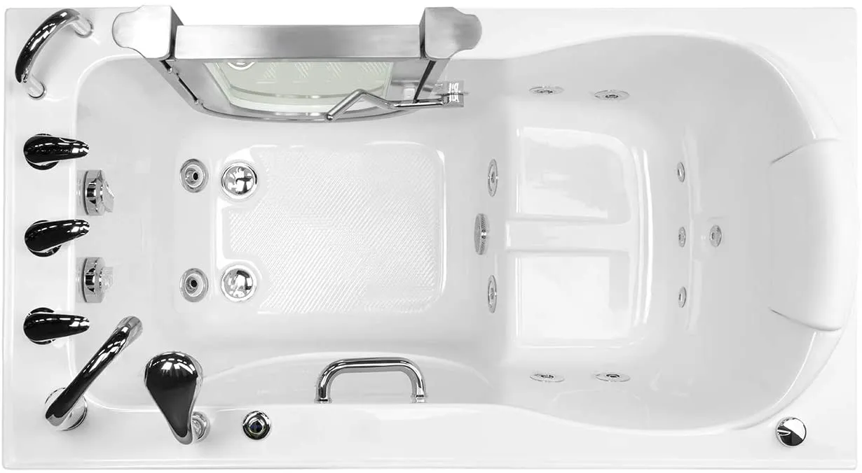 Ella's Bubbles HH3058-HB Deluxe 30"x 55" Hydro Massage Acrylic Walk-in Bathtub with Heated Seat, Right Inward Swing Door, Ella 5pc. Fast-Fill Faucet, Dual 2" Drains, 30x55x38, White
