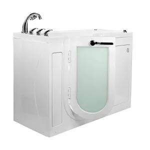 Ella's Bubbles OA2660AH-L-HB Lounger 27" x 59' Air Massage Acrylic Walk-in Bathtub with Heated Seat, Left Outward Swing Door, Ella 5pc. Fast-Fill Faucet, Dual 2" Drains, 27" x 60" x 43", White