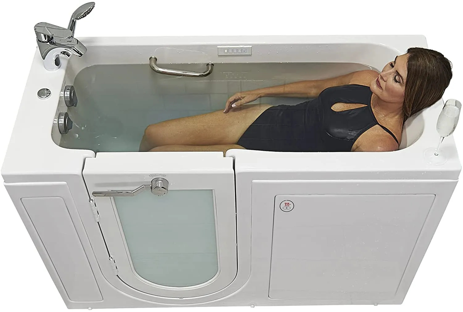 Ella's Bubbles OA2660DH-L Lounger Air and Hydro Massage Acrylic Walk-in Bathtub with Heated Seat, Left Outward Swing Door, Thermostatic Faucet, Dual 2" Drains, 27" x 60" x 43", White