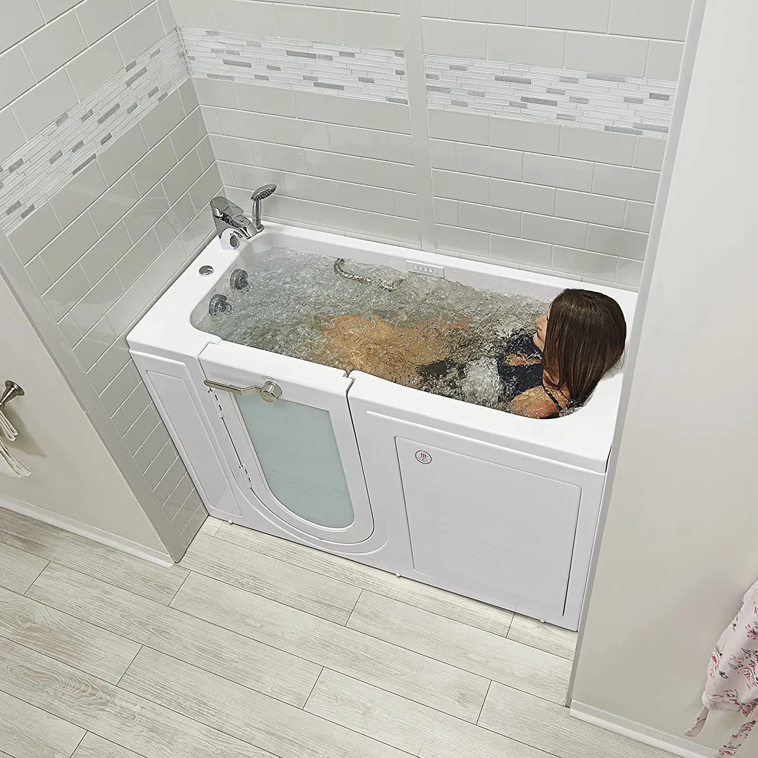 Ella's Bubbles OA2660DH-L Lounger Air and Hydro Massage Acrylic Walk-in Bathtub with Heated Seat, Left Outward Swing Door, Thermostatic Faucet, Dual 2" Drains, 27" x 60" x 43", White