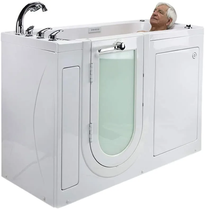 Ella's Bubbles OA2660H-L-HB Lounger Hydro Massage Walk-In Bathtub with Left Outward Swing Door, Ella 5pc. Fast-Fill Faucet, Dual 2" Drains, 27" x 60" x 43", White