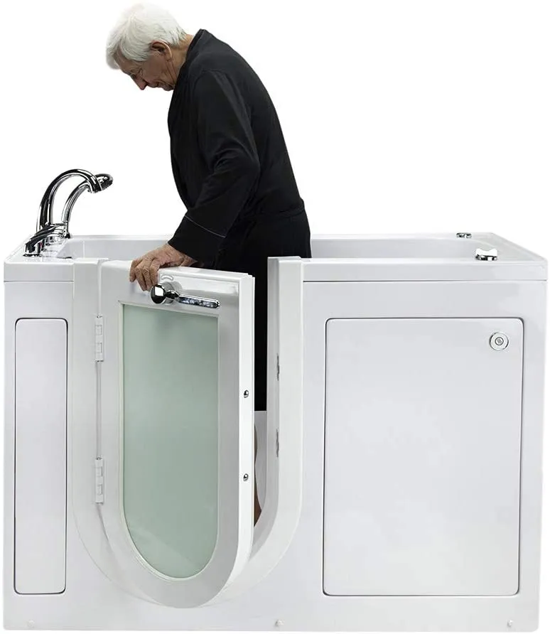 Ella's Bubbles OA2660H-L-HB Lounger Hydro Massage Walk-In Bathtub with Left Outward Swing Door, Ella 5pc. Fast-Fill Faucet, Dual 2" Drains, 27" x 60" x 43", White