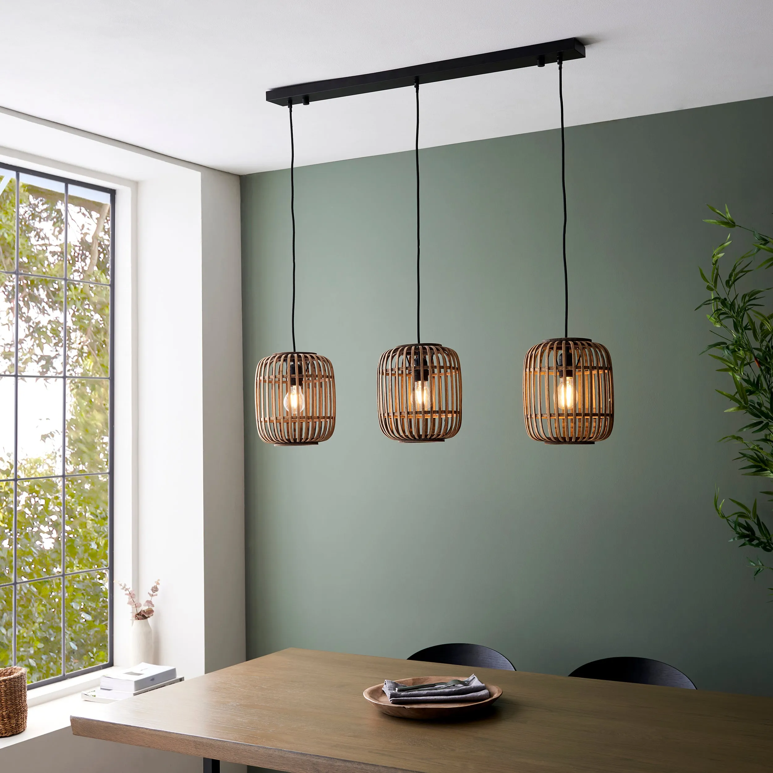 Endon 101775 Mathias 3lt Pendant Natural bamboo, plywood & matt black paint 3 x 10W LED E27 (Required)