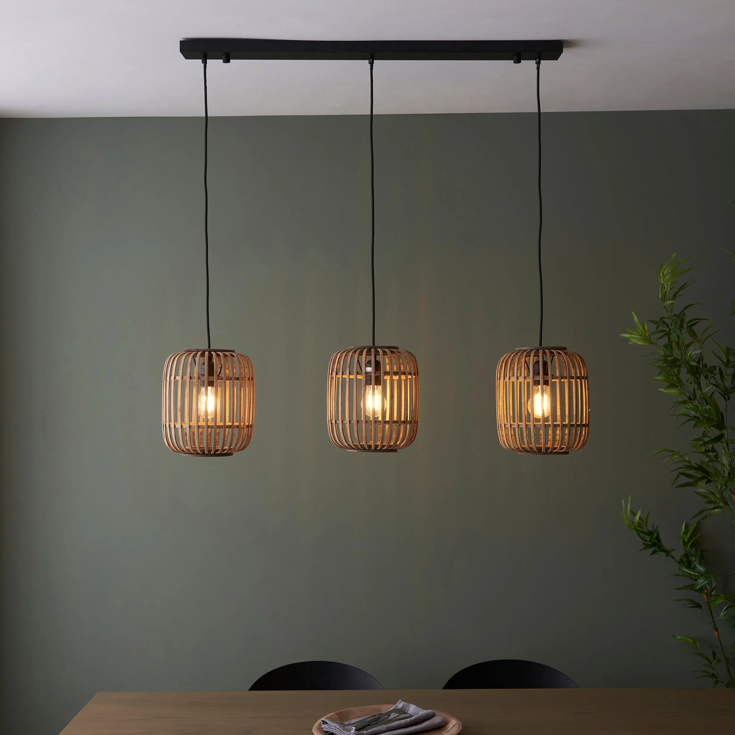 Endon 101775 Mathias 3lt Pendant Natural bamboo, plywood & matt black paint 3 x 10W LED E27 (Required)