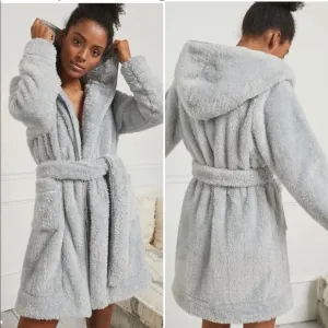 Extremely Soft &amp; Cuddle Pretty Light_Grey Robe with Hoodie &amp; Belt “Wake Up”