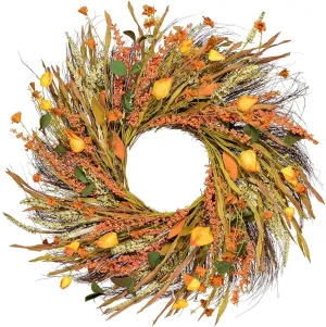 Fall Grain Harvest Gold Wheat Ears Circle autumn Silk Unlit Wreath, 22" (Orange)