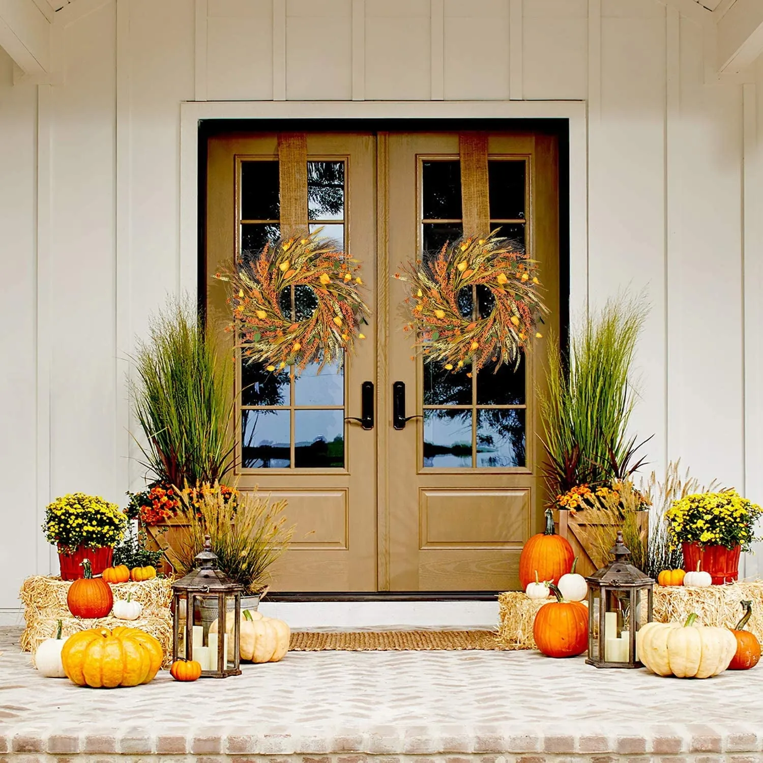 Fall Grain Harvest Gold Wheat Ears Circle autumn Silk Unlit Wreath, 22" (Orange)