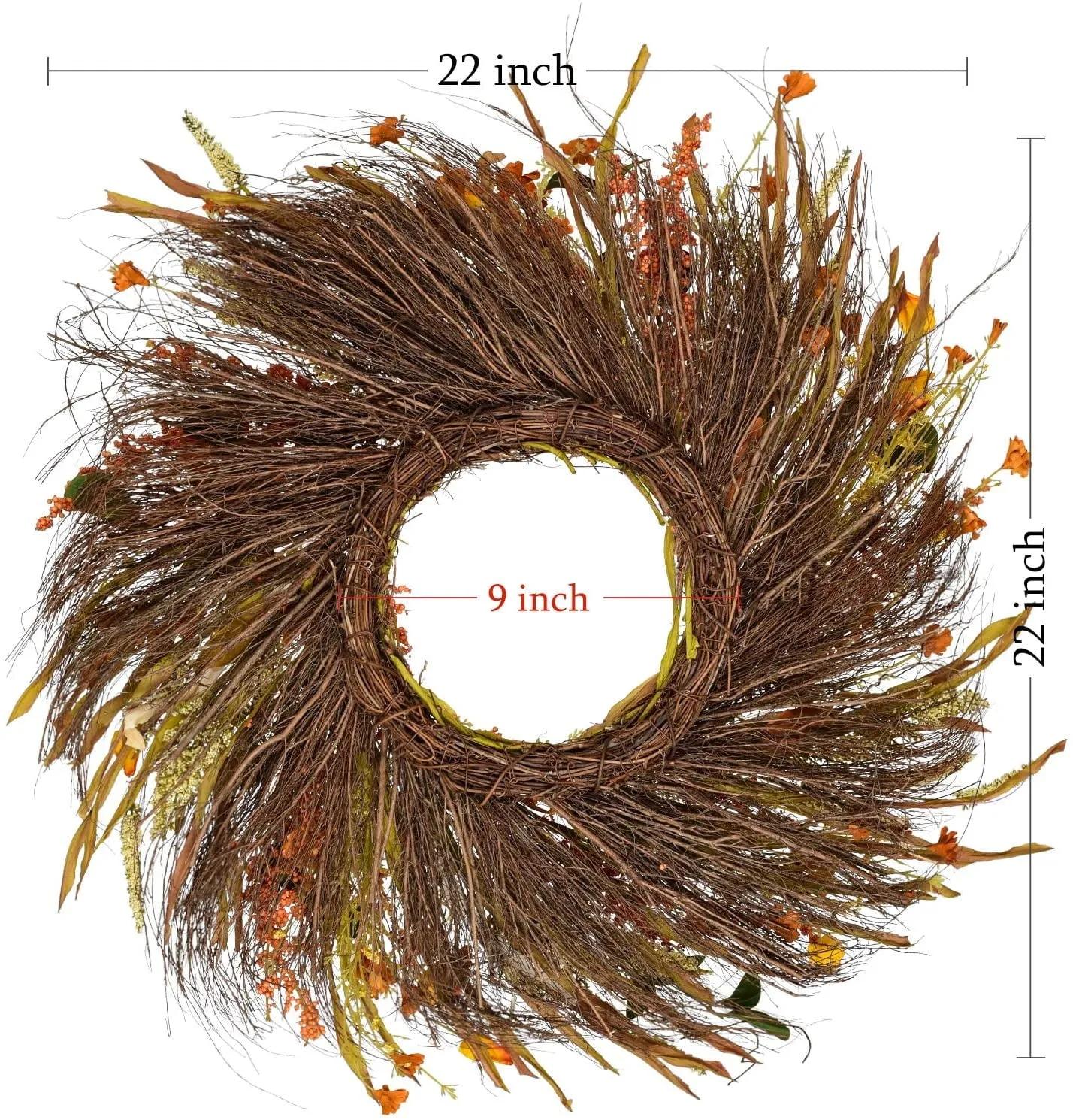 Fall Grain Harvest Gold Wheat Ears Circle autumn Silk Unlit Wreath, 22" (Orange)