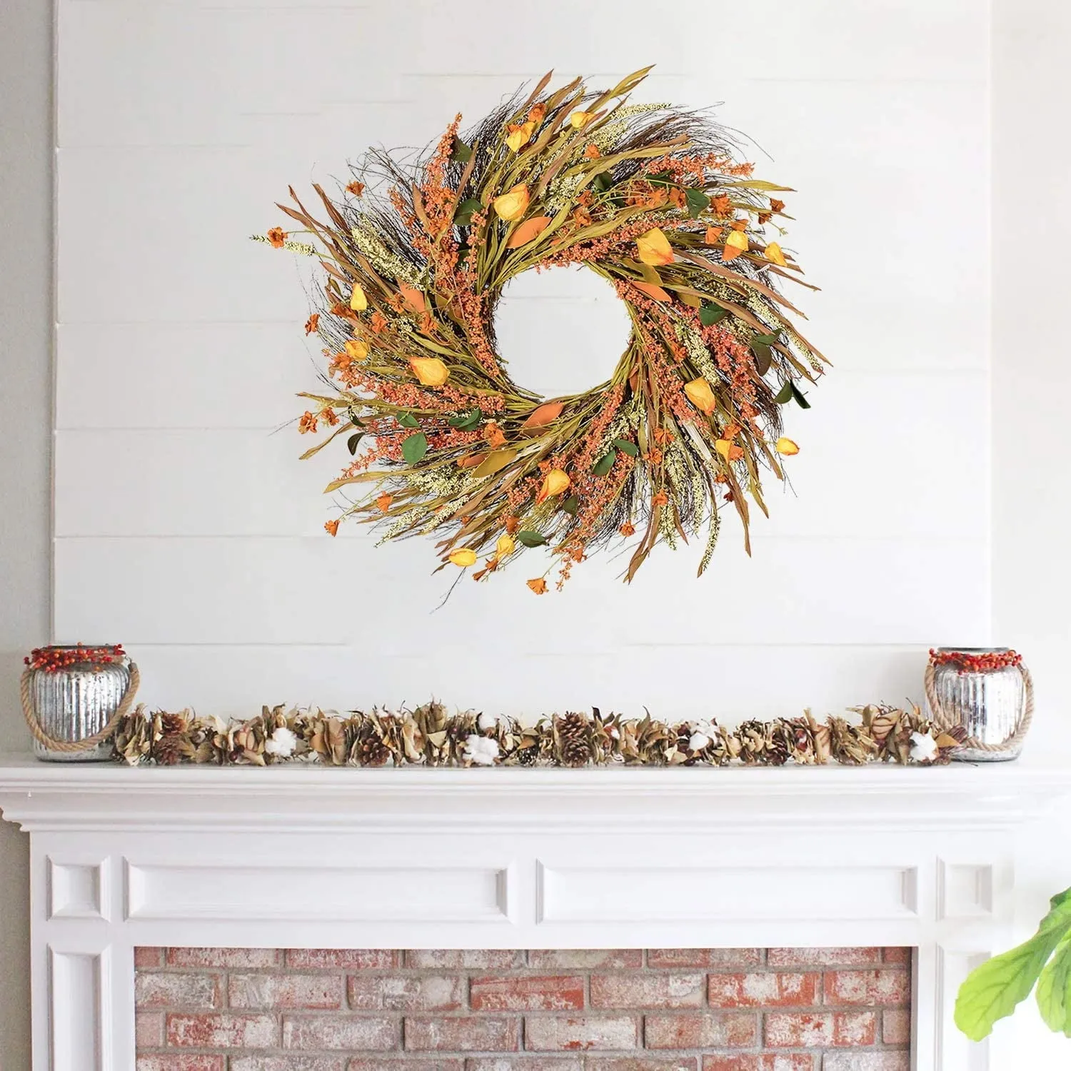 Fall Grain Harvest Gold Wheat Ears Circle autumn Silk Unlit Wreath, 22" (Orange)