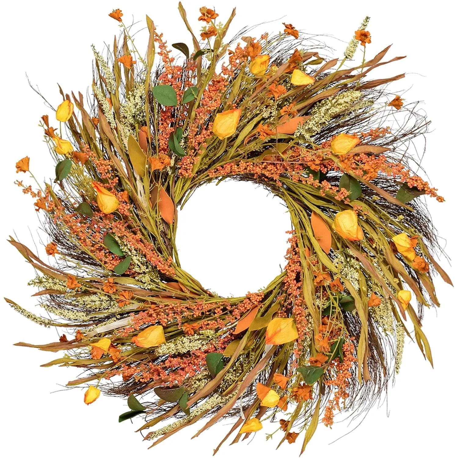 Fall Grain Harvest Gold Wheat Ears Circle autumn Silk Unlit Wreath, 22" (Orange)