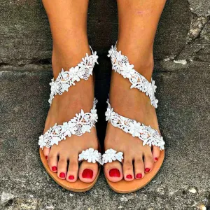 Flat Toe Ring Pearl Flower Sandals