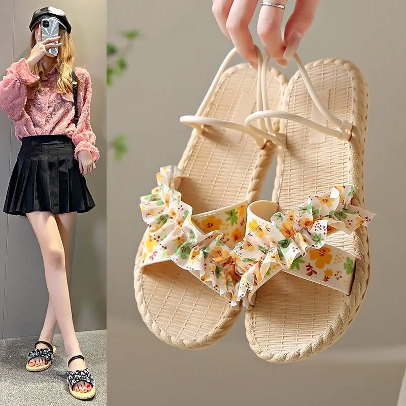 Floral Ruffle Woven Sandals