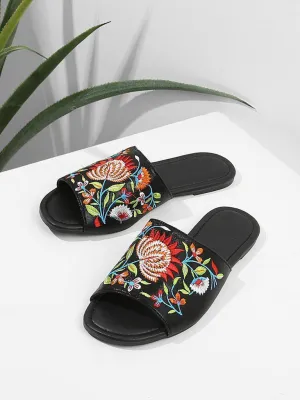 Flower Embroidered Flat Sandals